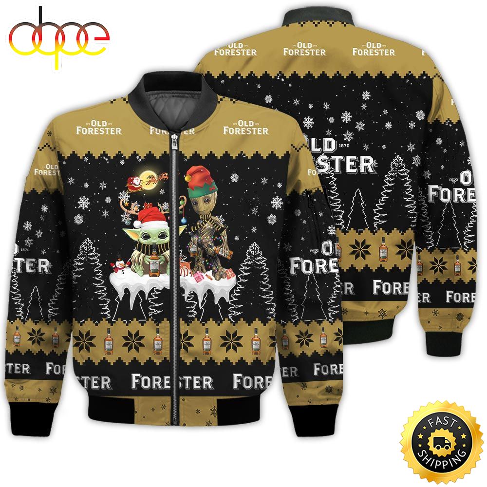 Baby Yoda Groot Santa Claus Deer Unisex Gift Old Forester Whiskey 3D Bomber Jacket