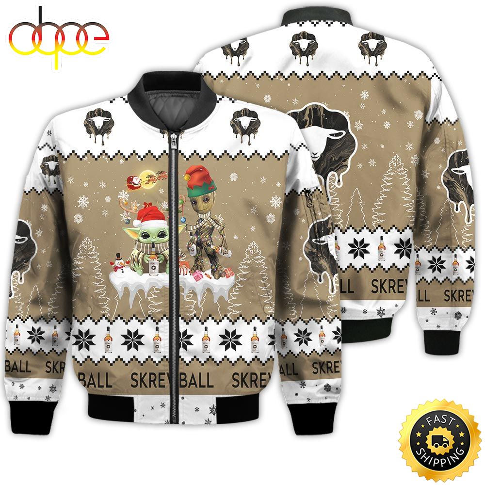 Baby Yoda Groot Santa Claus Deer Unisex Gift Skrewball Whiskey 3D Bomber Jacket