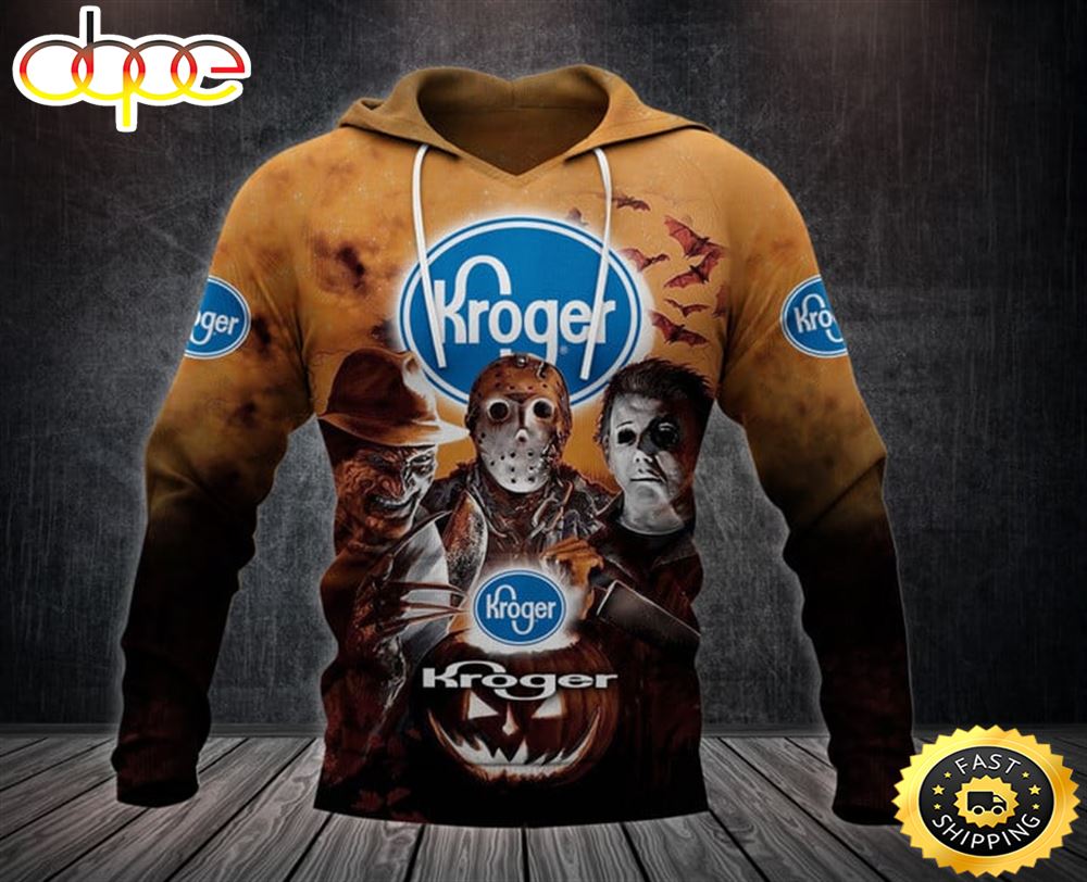 Kroger Logo With Michael Myers and Freddy Krueger and Jason Voorhees Pumpkin Halloween All Over Print Hoodie
