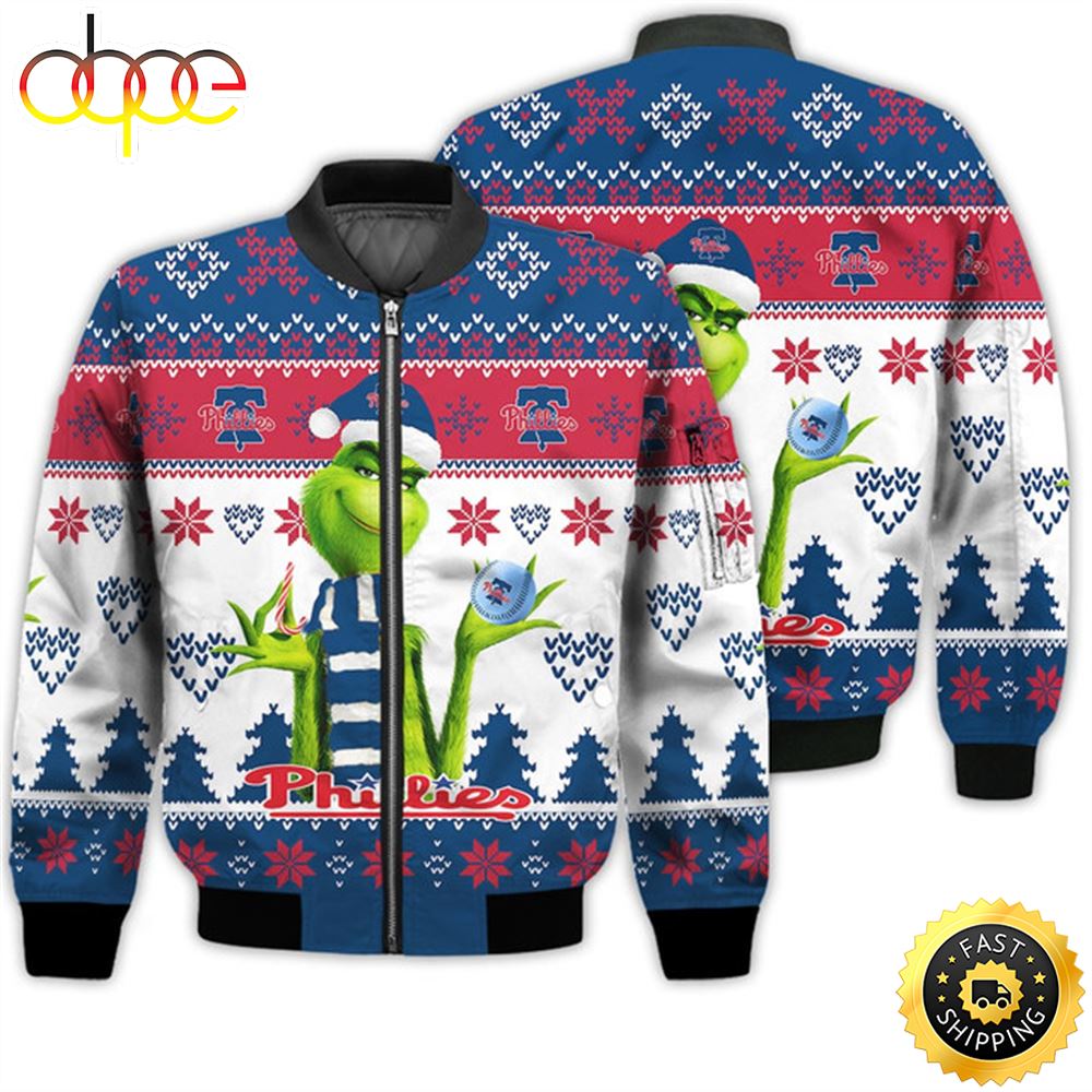 Merry Christmas 2023 Ugly Unisex Major League Baseball American Grinch Cute Phillies 3D Bomber Jacket