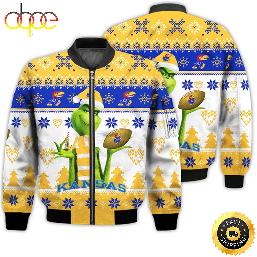 Merry Christmas 2023 Ugly Unisex National Collegiate Athletic Association American Grinch Cute Jayhawks 3D Bomber Jacket
