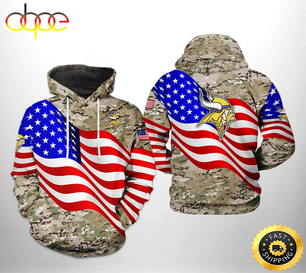 Minnesota Vikings NFL US Flag Camo Veteran Team 3D Printed HoodieZipper Hoodie