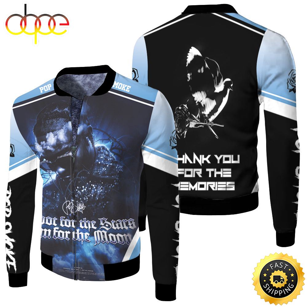 Pop Smoke Shoot For The Stars Blue Sky Rap Hip Hop Fleece Bomber Jacket