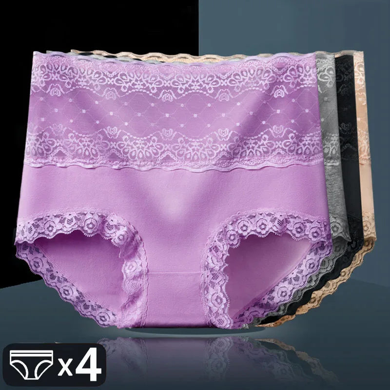 4Pcs Women Panties Cotton Plus Size Underwear Transparent Brief Solid Color High Waist Lace Breathable Cute Sexy Lingerie Female