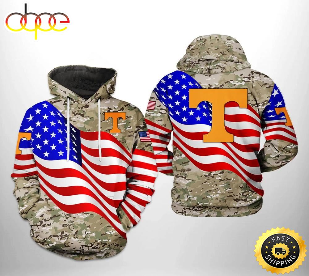 Tennessee Volunteers With Flag American Camo Veteran 3D Hoodie College Gifts