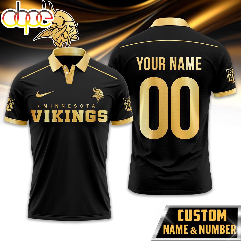 Custom Name Number Minnesota Vikings NFL Black And Gold Polo Shirt